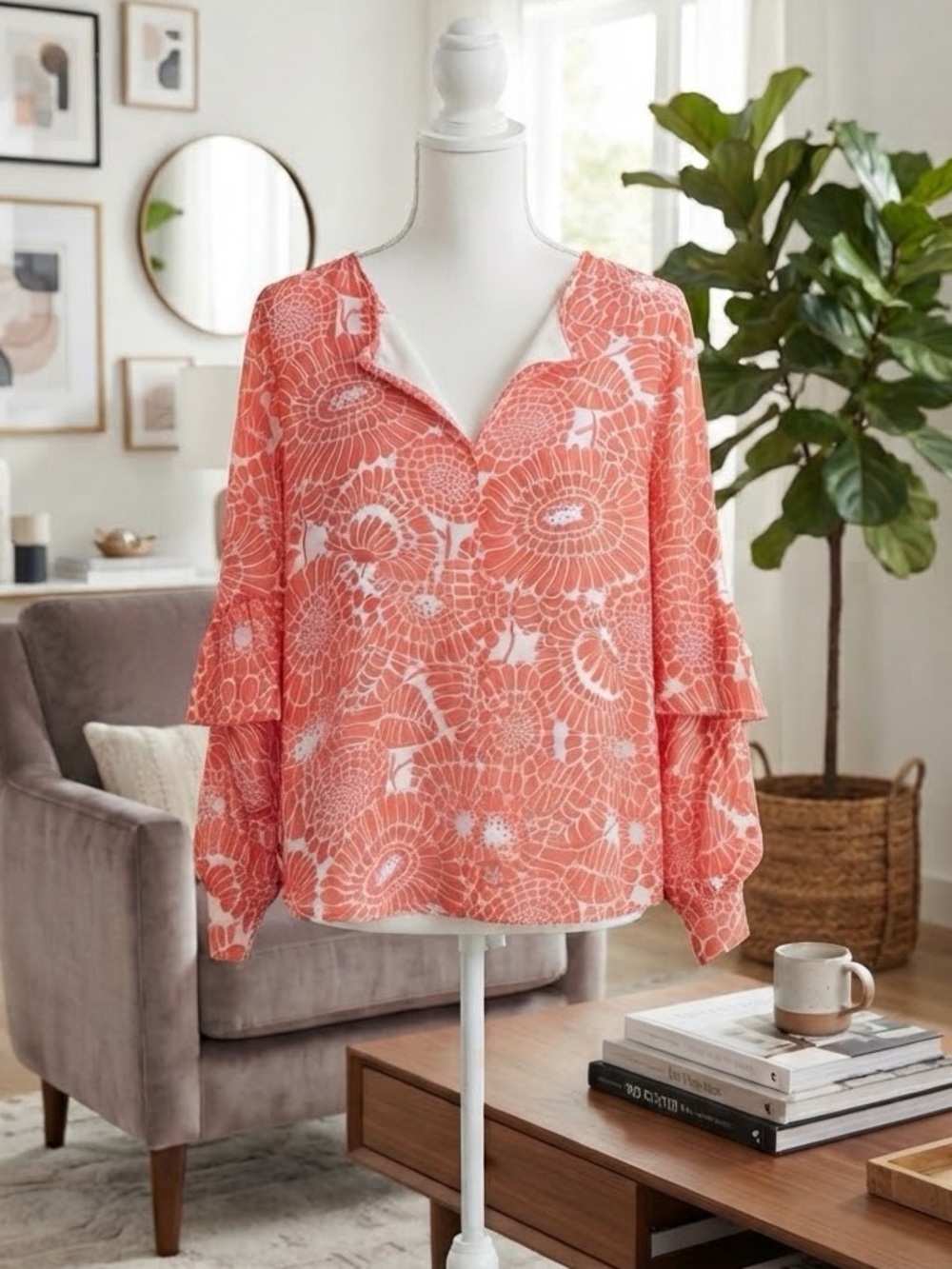 Ann Taylor Coral and White Floral V-Neck Blouse